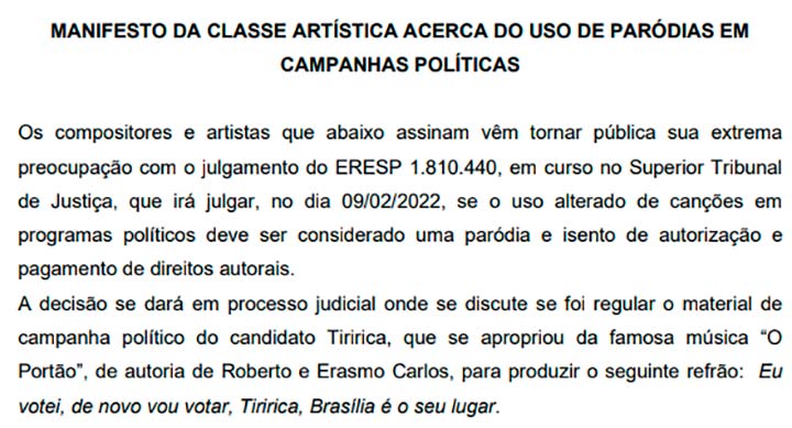 Mais de 350 artistas assinam manifesto em defesa dos direitos autorais e de eleições limpas