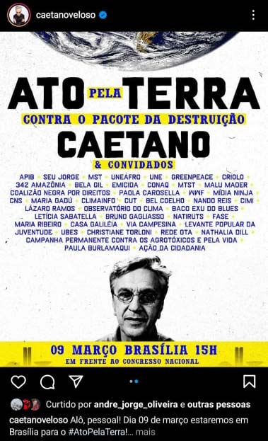 Caetano Veloso reúne artistas em defesa da Terra e do meio ambiente, em ato em Brasília